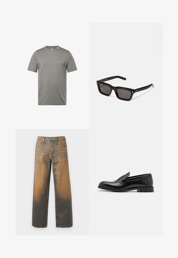 Szara krótka koszulka z krótkim rękawem, wykonana z miękkiego, oddychającego materiału. Posiada okrągły dekolt i metkę w lewym dolnym rogu.; Jeansy o szerokich nogawkach w przetartym niebieskim i brązowym denimp. Posiadają wysoki stan, przednie kieszenie oraz klasyczne zapięcie na guzik z metalowymi akcentami.; Czarne skórzane mokasyny o gładkiej fakturze, zaokrąglonym nosku i dekoracyjnym pasku na przodzie. Niski, warstwowy obcas, minimalistyczny design.; Czarne prostokątne okulary przeciwsłoneczne z ciemnymi soczewkami, grubą plastikową oprawą, złotymi akcentami na zausznikach oraz wygrawerowanym logo marki na ramieniu.; Czarna skórzana torba na ramię z klapką, z metalowymi elementami w srebrnym kolorze i dwoma okrągłymi akcentami. Posiada odczepiany pasek. Gładka faktura.