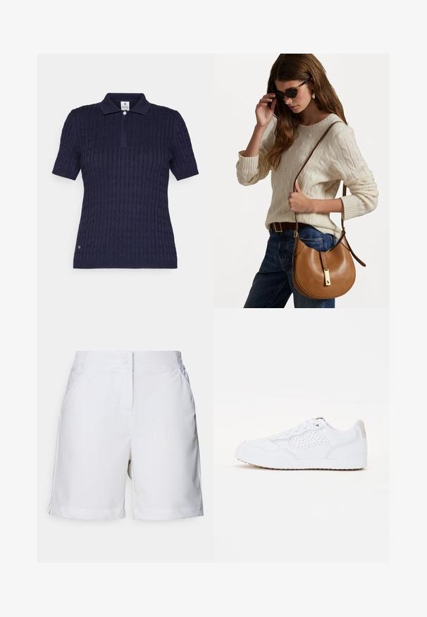 Námořnická modrá polo trička s krátkými rukávy, vyrobená z texturované pleteniny ve stylu kabelu, s knoflíkovým límcem a malou logovou ozdobou blízko spodního lemu.; Bílé šortky vyrobené z lehkého materiálu, s hladkým povrchem, elastickým pasem a bočními kapsami, s jednoduchým designem.; Bílé sportovní boty s hladkým texturovaným svrškem, perforovaným designem, gumovou podrážkou a béžovým detailem na patě.; Hnědá kožená kabelka přes rameno se zakřiveným tvarem a zlatými kovovými detaily. Modelka má na sobě krémový svetr s pleteným vzorem a modré džíny.