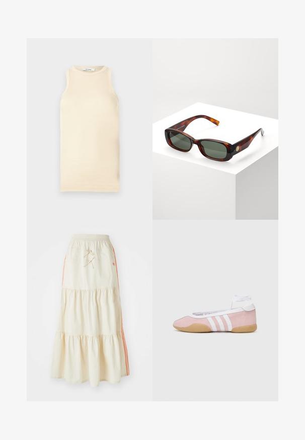 Světle béžový top bez rukávů vyrobený z ribovaného materiálu, s kulatým výstřihem a přiléhavým střihem. Hladká textura s minimem švů.; Krémová midi sukně s volány, elastickým pasem a stahovací šňůrkou. Obsahuje oranžové boční pruhy a jemnou, hladkou bavlněnou texturu.; adidas Originals TAEKWONDO MEI BALLET - Tenisky - clear pink/ftwr white/gum; Želvovina obdélníkové sluneční brýle se zelenými skly. Široký rám, hladký povrch, zlatý akcent po straně a štíhlé nožičky.