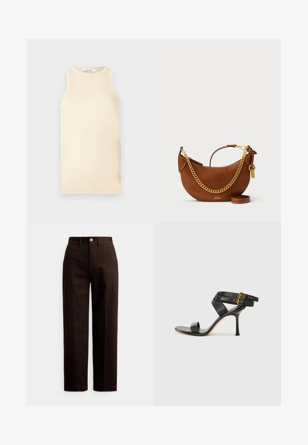 Svetlo béžový bezrukávový top vyrobený z rebrovanej látky, s okrúhlym výstrihom a priliehavým strihom. Hladká textura s minimom švov.; Tmavohnedé nohavice so širokými nohavicami, zapínaním na gombík a zips, pútkami na opasok a prednými vreckami na bielom pozadí.; Čierne sandále na podpätku s prekríženými popruhmi a nastaviteľnou prackou. Majú hladkú textúru a zúžený stiletto podpätok.; Hnedá kožená kabelka s zakriveným dizajnom, zlatým reťazovým popruhom, vnútornou kapsou a odnímateľným ramenným popruhom. Obsahuje kontrastné švy.