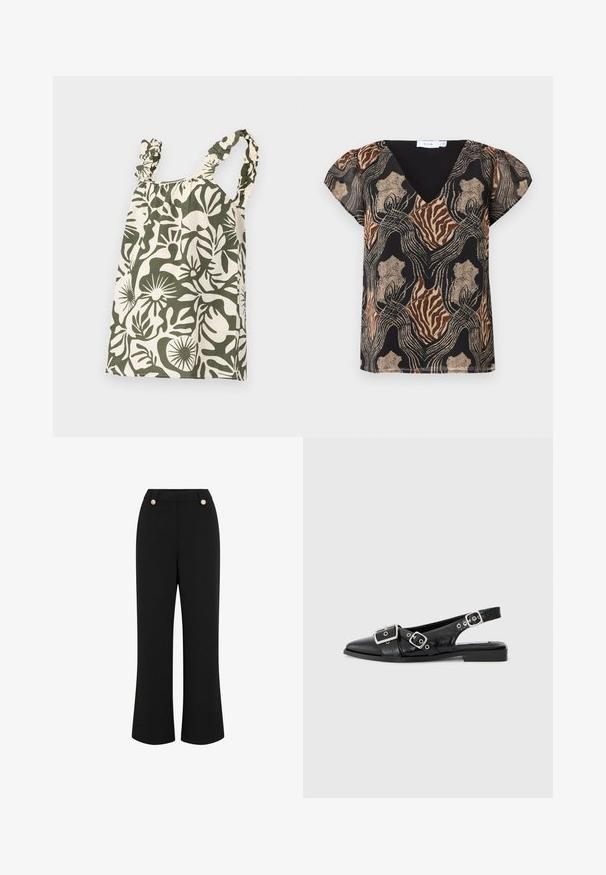 Žalia ir smėlio spalvos gėlėmis dekoruota medvilninė palaidinė su volanginėmis petnešomis ir rauktomis iškirptėmis, demonstruojanti laisvą, atsipalaidavusią formą.; Trumpas rankovėmis bluzonas su juodu pagrindu, pasižymintis daugiakrypčiu abstrakčiu raštu auksinėmis, rudos ir smėlio spalvomis. V formos iškirptė su minkšta tekstūra.; Juodos plačios kojų kelnės su lygia tekstūra, aukštu juosmeniu, dviem auksinės spalvos sagomis ir pritaikytu dizainu. Matomų kišenių nėra.; Juodas odinis slingback tipo batelis su smailiu nosiu, dviem sidabrinėmis sagtimis ir žemu blokiniu kulnu. Viršus su tekstūra ir atvira nugara.