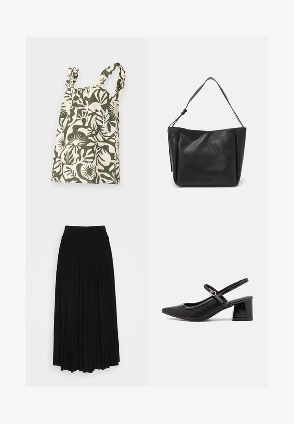 Grünes und cremefarbenes Baumwolltop mit floralem Muster, Rüschen-Schulterträgern und gerafftem Ausschnitt, das eine lockere, lässige Form präsentiert.; Schwarzer plissierter Rock mit breitem, dehnbarem Bund. Gefertigt aus weichem Stoff, mit vertikalen Falten für eine fließende Silhouette.; Schwarze Lackleder-Slingback-Absätze mit spitzer Zehenform, einem runden Ausschnitt-Design und einem Blockabsatz. Mit einem goldfarbenen Schnallenakzent.; Calvin Klein GRACIE MEDIUM - Handtasche - black