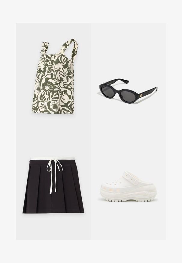 Haut en coton à motif floral vert et crème avec des bretelles à volants et un décolleté froncé, offrant une coupe ample et décontractée.; Jupe plissée noire avec une taille à cordon tissé blanc. Fabriquée en tissu doux, elle présente une texture lisse et un design simple et classique.; Sabots blancs au design épais, comportant des trous de ventilation circulaires, une sangle arrière et une semelle texturée pour une meilleure adhérence. Fabriqués en matériau léger.; Lunettes de soleil ovales noires avec des verres sombres et une monture en plastique brillant. Présente un logo doré sur la branche, offrant un design épuré et moderne.