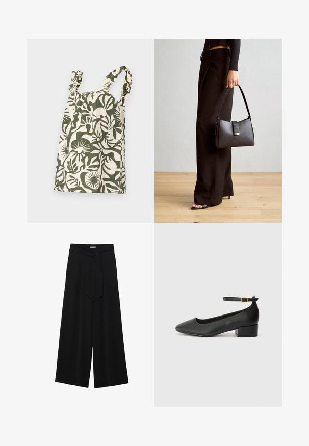 Zeleno-krémový bavlnený top s kvetinovým vzorom, s riasenými ramienkami a nariaseným výstrihom, predvádzajúci voľný a uvoľnený strih.; Čierne široké nohavice s textúrovanou tkaninou, elastickým pásom a odnímateľným viazaním na páse pre nastaviteľné priliehanie.; Čierne kožené lodičky s špicatou špičkou a nízkym blokovým podpätkom. Obsahuje remienok okolo členka so zlatým prackou. Hladký povrch.; Čierna kabelka so štruktúrovaným tvarom, hladkou textúrou a kovovou sponou. V kombinácii so širokými čiernymi nohavicami a sandálmi s otvorenou špičkou na drevenej podlahe.