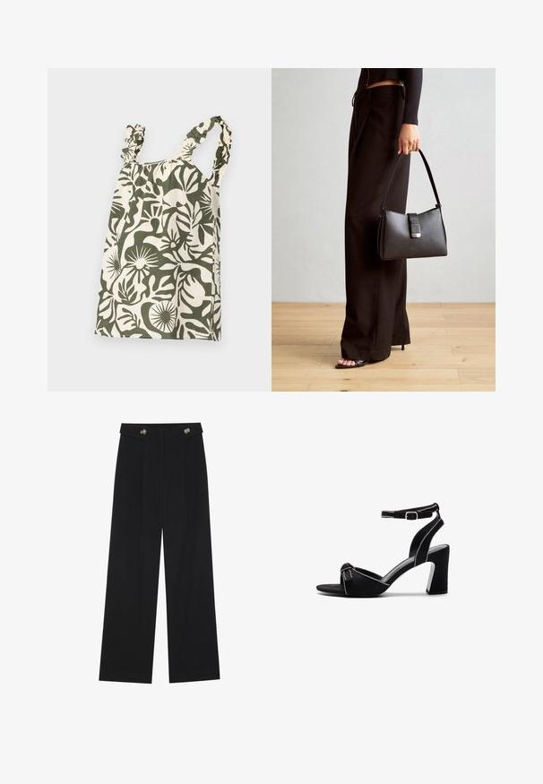 Grünes und cremefarbenes Baumwolltop mit floralem Muster, Rüschen-Schulterträgern und gerafftem Ausschnitt, das eine lockere, lässige Form präsentiert.; Schwarze weite Hosen mit hoher Taille, Knopfdetails am Bund und vorderen Falten.; Schwarze Wildleder-Pumps mit einem breiten Blockabsatz, verstellbarem Knöchelriemen, Offene Zehen-Design und kontrastierenden gesteppten Details.; Schwarze Handtasche mit strukturierter Form, glatter Textur und einem metallischen Verschluss. Kombiniert mit weiten schwarzen Hosen und offenen Sandalen auf einem Holzboden.