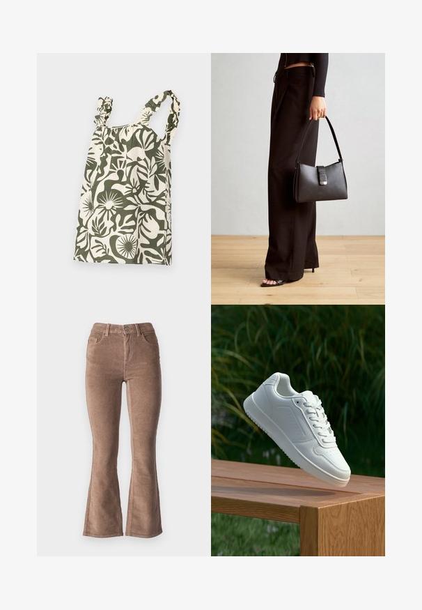 Top din bumbac cu model floral verde și crem, cu bretele volanate și decolteu plisat, evidențiind o formă largă și relaxată.; Pantaloni evazați din catifea mare maro, cu o textură în pânză, având talie înaltă, cinci buzunare și închidere cu buton în față.; Sneaker alb cu un upper sintetic neted, cu vârf perforat, șireturi plate și o talpă texturată, expus pe o suprafață de lemn.; Genți negre cu o formă structurată, textură netedă și un închizător metalic. Asortată cu pantaloni negri largi și sandale cu vârf deschis pe un podea din lemn.