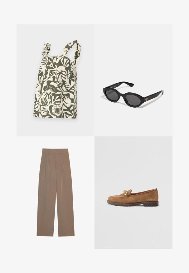 Green and cream floral-patterned cotton top with ruffled shoulder straps and gathered neckline, showcasing a loose, relaxed shape.; Brown pleated trousers with a wide-leg design, featuring a flat waistband and side pockets, made from a lightweight fabric.; Tamaris Slip-ons - camel; Black oval sunglasses with dark lenses and glossy plastic frame. Features gold logo on the temple, offering a sleek and modern design.