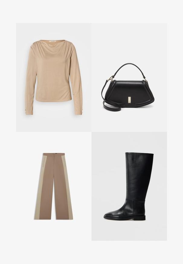 Beige langärmliges Oberteil mit drapiertem Ausschnitt, glatter Textur und Knopfdetails an den Manschetten, gefertigt aus einem weichen, dehnbaren Stoff.; Braune weite Hosen mit beigen seitlichen Einsätzen, die eine flache Vorderseite, versteckte Taschen und eine glatte Textur aufweisen. Maßgeschneiderter Schnitt und saubere Linien.; Schwarze Lederstiefel bis zum Knie mit runder Zehenform, glatter Textur, minimalistischem Design und flacher Sohle. Einfache Nahtdetails am Schaft.; Schwarze Lederhandtasche mit einem strukturierten Design, das eine verkürzte Form, einen oberen Griff und goldfarbene Hardware-Details aufweist. Verstellbarer Schulterriemen ist enthalten.