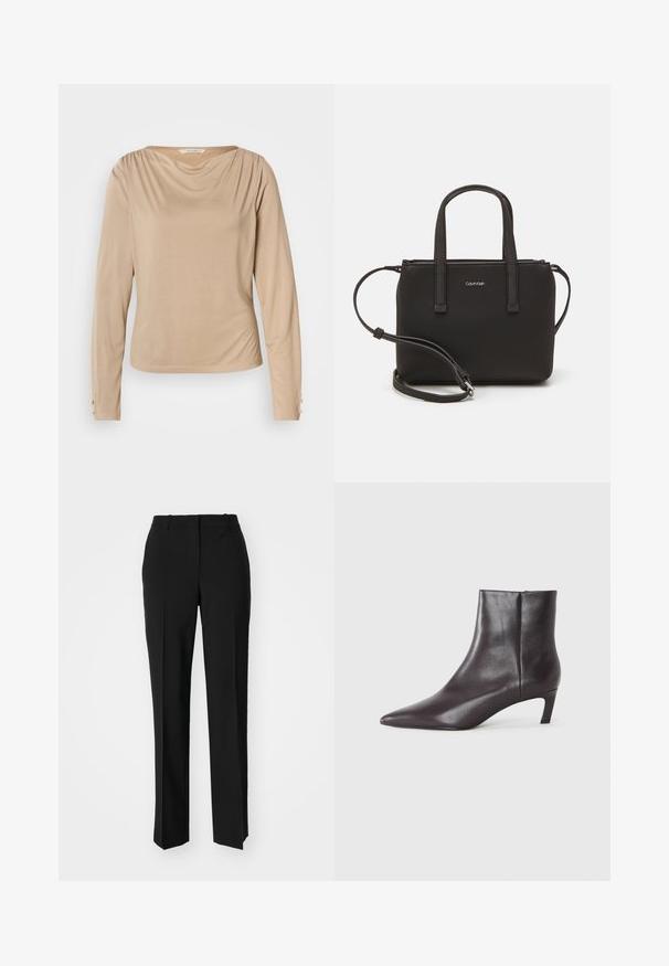 Beżowa bluzka z długim rękawem, o drapowanym dekolcie, gładkiej fakturze i ozdobna guzikami na mankietach, wykonana z miękkiego, elastycznego materiału.; Czarne spodnie o dopasowanym kroju z prostymi nogawkami, o gładkiej fakturze i wyraźnych zagięciach z przodu. Bez widocznych elementów metalowych.; Czarne skórzane botki za kostkę z ostrym noskiem i niskim obcasem typu kitten heel, gładkie wykończenie, z bocznym zamkiem, zaprezentowane na neutralnym tle.; Czarna torebka z dwoma krótkimi uchwytami i odpinanym paskiem na ramię. Gładki materiał przypominający skórę, z zamkiem błyskawicznym i detalem z logo.