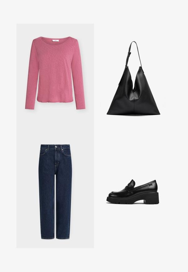 Tricou cu mâneci lungi și decolteu rotund, de culoare roz deschis. Țesătură ușoară, cu textură netedă și croială lejeră. Include o etichetă de brand pe lateral.; Blugi din denim albastru închis cu picior drept, talie înaltă, accesorii argintii, buzunare frontale și detalii subtile de cusătură. Design clasic cu cinci buzunare.; Loafer din piele neagră cu toc gros, având o talpă groasă și un detaliu cu curea în partea de sus, prezentat din lateral pe un fundal alb.; Geantă de umăr triangulară din piele neagră, cu o singură curea de umăr ajustabilă și o structură moale, ușor lăsată.; Set de cercei aurii, cu diverse designuri, inclusiv cercei tip stud, cercei hoop și cercei lungi cu perle și strassuri.