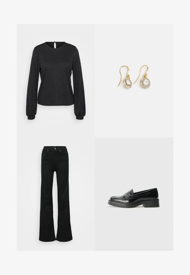 Musta pitkähihaisuus toppi, jossa on teksturoidun leopardikuosis, pyöreä pääntie ja avokurkkukiinnitys takana. Joustoedessä on mukautuva istuvuus.; Mustat levenevät farkut, valmistettu denimmateriaaleista. Korkea vyötärö, viisi taskua ja metallinen napitus. Sileä pinta, jossa on minimaalinen yksityiskohtaisuus.; Mustat nahkalepit, joissa on pyöristetyn varvas, huomaamaton yläommeltus ja paksu korko. Sujuva pinta minimalistisella muotoilulla.; Kultaiset korvakorut, joissa on soikeat, läpinäkyvät kivet, joita ympäröivät pienemmät läpinäkyvät kivet. Korvakoruissa on koukkuminen, joka takaa turvallisen käytön.