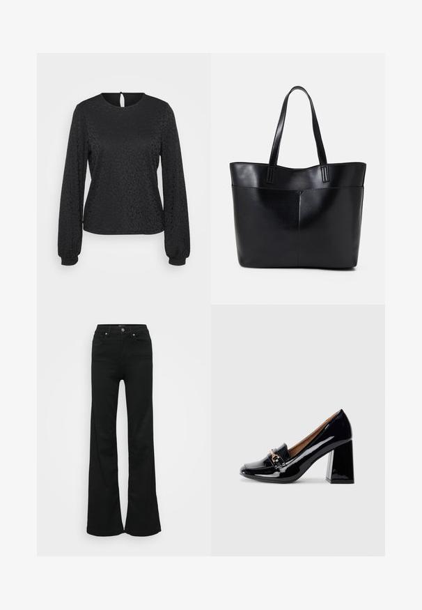 Juoda ilgarankovė bluzonėlė su tekstūruotu leopardų raštu, apvaliu iškirpimu ir rakto formos užsegimu nugaros pusėje. Elastingi rankogaliai padidina pritaikymą.; Juodos plačios džinsinės kelnės, pagamintos iš denimo, su aukštu liemeniu, penkiomis kišenėmis ir metaliniu sagčių uždarymu. Lygi tekstūra su minimaliu dekoravimu.; Juodas lakinės odos aukštakulnis batas su smailiu nosiu ir blokiniu kulnu. Papuoštas dekoratyviniu dirželiu ir sagtimi ant bato priekinės dalies.; Juoda odinė rankinė su dviem ilgais diržais, lygiu paviršiumi ir struktūrizuota forma. Yra priekinė kišenė papildomam saugojimui.