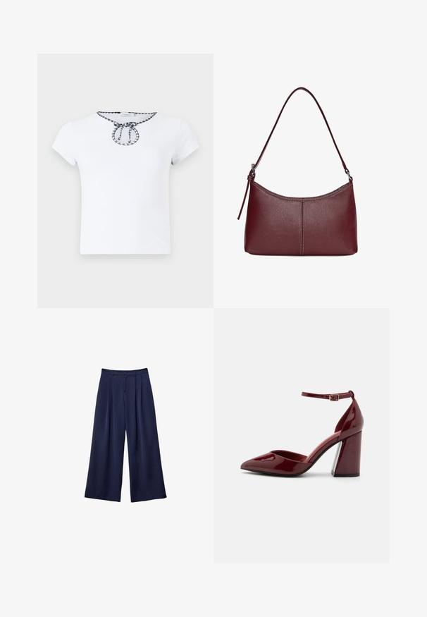 Bela majica s kratkimi rokavi, ki ima okroglo izrez in črno-belo karirasto vezico na ovratniku. Mehka tkanina.; Mornarsko modri široki hlače z naborki, gumbi v pasu in zankami za pas, prikazane na ravni beli ozadju.; Burgundska lakirana usnjena pumpa s visokom peto, koničastim nosom, trakicami okoli gležnja in debelo peto. Gladka tekstura in elegantna zasnova.; Bordo usnjeni ročni torbici s ukrivljeno obliko, enim ramenskim trakom in šivanjem na sredini. Gladka tekstura, minimum kovinskih dodatkov.