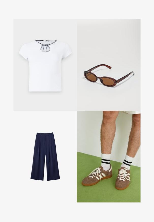 Biele tričko s krátkym rukávom s okrúhlym výstrihom a čierno-bielym károvaným šnurovaním okolo výstrihu. Mäkká textúra látky.; Námornícky modré široké nohavice s pukmi, zapínaním na gombík a pútkami na opasok, zobrazené ležiace na bielom pozadí.; Hnedé zamatové tenisky s bielymi akcentmi a šnúrkami. Gumová podrážka. Nosené s bielymi ponožkami so čiernymi pruhmi. Zelená textúrovaná podlaha.; Okrúhle slnečné okuliare s hnedým nádychom a lesklým burgundským rámom. Úzke ramená s jemným brandovaním. Plochej šošovky dizajn.