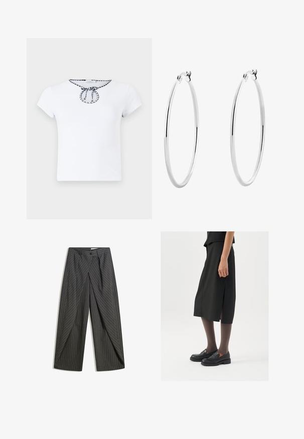 Biała koszulka z krótkim rękawem z okrągłym dekoltem, ozdobiona czarno-białym, w kratkę sznurkiem na kołnierzyku. Miękka tekstura materiału.; Szare spodnie w prążki o luźnym kroju, z pojedynczym zapięciem na guzik, plisami i szerokimi nogawkami.; Czarna spódnica do kolan z bocznym rozcięciem, połączona z czarnymi mokasynami i przezroczystymi brązowymi rajstopami, charakteryzująca się gładkim materiałem i prostym wzorem.; Srebrne kolczyki w formie obręczy z gładką, polerowaną powierzchnią i cienkim, okrągłym kształtem. Wzór posiada pewne zapięcie.