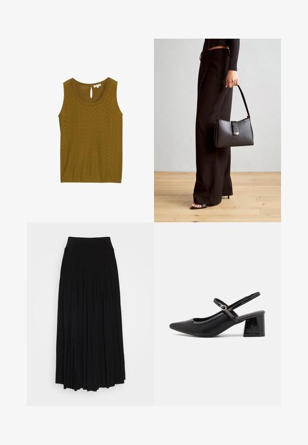 Zeleno-olivový top bez rukávov s textúrovaným vzorom a výrezmi, s uzáverom na krku v tvare kľúča. Mäkko tkanina a voľný strih.; Čierna plisovaná sukňa s vysokým, elastickým pásom. Vyrobená z mäkkej látky, pričom má vertikálne plisovanie pre plynulý siluetu.; Čierne lakované kožené lodičky so slingback dizajnom, špicatou špičkou, zaobleným výrezom a blokovým podpätkom. Obsahuje akcent zlatého tónu s prackou.; Čierna kabelka so štruktúrovaným tvarom, hladkou textúrou a kovovou sponou. V kombinácii so širokými čiernymi nohavicami a sandálmi s otvorenou špičkou na drevenej podlahe.