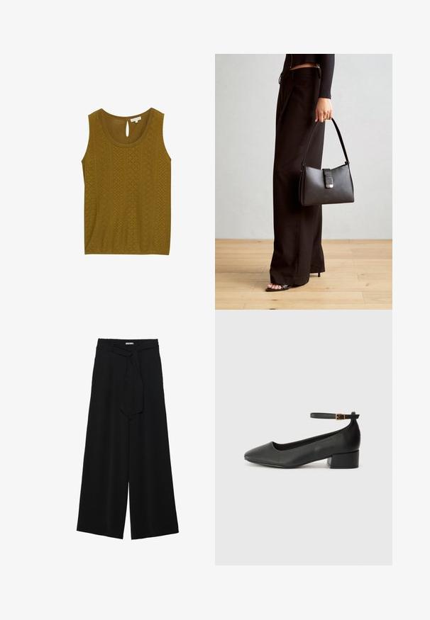 Top sin mangas de color verde oliva que presenta un patrón texturizado con diseños cortados y un cierre en la parte posterior en forma de ojo de cerradura. Tela suave y corte holgado.; Pantalones de pierna ancha negros con un tejido texturizado, una cinturilla elástica y un lazo desmontable en la cintura para un ajuste ajustable.; Zapato de tacón negro de cuero con punta afilada y tacón bajo cuadrado. Presenta una correa para el tobillo con una hebilla en tono dorado. Textura suave.; Bolso negro con forma estructurada, textura suave y un cierre metálico. Combinado con pantalones anchos negros y sandalias de dedo en un suelo de madera.