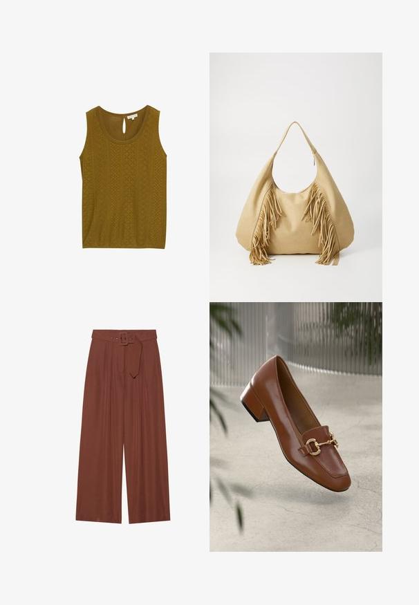 Zeleno-olivový top bez rukávov s textúrovaným vzorom a výrezmi, s uzáverom na krku v tvare kľúča. Mäkko tkanina a voľný strih.; Hnedé široké nohavice vyrobené z látky, s opaskom so štvorcovou prackou, s nariaseným dizajnom a hladkou textúrou.; Hnedé lakované kožené loafers s hranatou špičkou, kovovým reťazovým akcentom a nízkym blokovým podpätkom; hladká textúra, minimalistický dizajn.; Svetlohnedá semišová kabelka cez rameno s veľkým otvorom a dlhými frnčami po oboch stranách, s hladkým textura a jedným uchom.