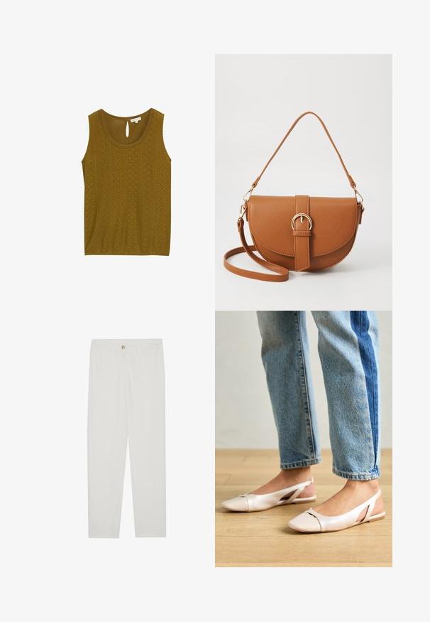 Top senza maniche verde oliva con un motivo testurizzato caratterizzato da ritagli e chiusura a chiave sul retro. Tessuto morbido e vestibilità comoda.; Pantaloni bianchi su misura con design a gamba dritta, dotati di chiusura a bottone, passanti per cintura e tasche laterali; tessuto morbido.; Ballerine slingback rosa pallido con punta affusolata, realizzate in un materiale simile alla pelle liscio. Presentano dettagli a taglio sui lati e un tacco piatto.; Borsa a tracolla in pelle marrone con forma curvata, hardware dorato e un dettaglio con fibbia. Presenta una tracolla rimovibile.