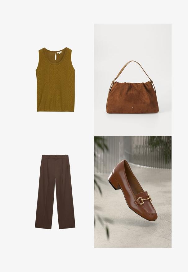 Olijfgroen mouwloze top met een textuurpatroon en uitsnijdingen, en een keyhole sluiting aan de achterkant. Zachte stof en een ontspannen pasvorm.; Bruine wijde broek gemaakt van een gladde stof, met een hoge taille, voorplooien en twee zijzakken.; Bruine lakleren loafer met vierkante neus, metallic kettingaccent en lage blokhak; gladde textuur, minimalistisch ontwerp.; Bruine suède handtas met een geplooid ontwerp, voorzien van een enkele tan kleur leren schouderband en een subtiele gouden logo-detail aan de voorkant.