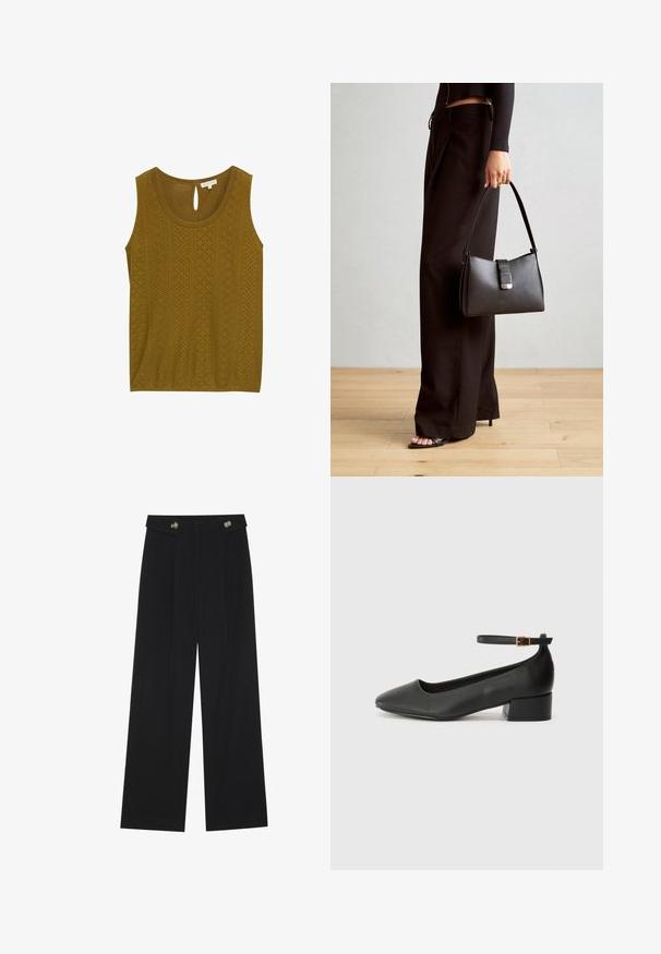 Top fără mâneci de culoare verde oliv, cu un model texturat și designuri cu decupaje, având o închidere tip clepsidră în spate. Material moale și croi lejer.; Pantaloni negri cu picioare largi, talie înaltă, detalii cu butoane pe talie și pliseuri în față.; Pantof cu toc negru din piele, cu vârf ascuțit și toc mic pătrat. Dispune de o curea la gleznă cu o cataramă în tonuri de aur. Textură netedă.; Genți negre cu o formă structurată, textură netedă și un închizător metalic. Asortată cu pantaloni negri largi și sandale cu vârf deschis pe un podea din lemn.