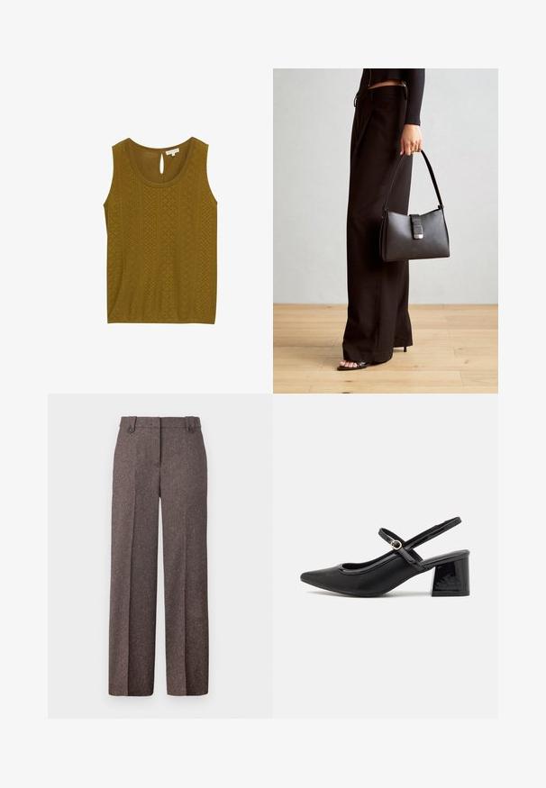 Olivengrøn, ærmeløs top med struktureret mønster, samt udskæringer og en nøglehul-lukning i ryggen. Blødt stof og afslappet pasform.; Brune wide-leg bukser lavet af tekstureret stof. Har to frontlommer og en skræddersyet pasform med to knapper i taljen.; Sorte patentlæder slingback hæle med spids tå, rund udskæring og blokhæl. Har en guldtonet spændeaccents.; Sort håndtaske med struktureret form, glat overflade og metalspænde. Sammen med brede sorte bukser og sandaler med åben tå på trægulv.