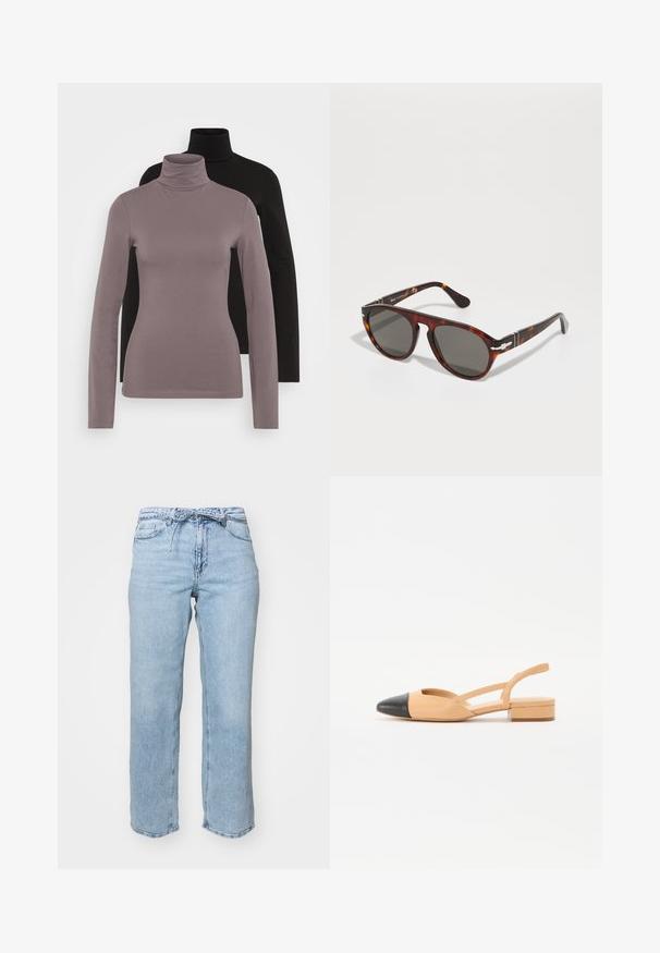 Divi garajām piedurknēm turtlenecks, viens gaiši pelēks un otrs melns, izgatavoti no mīksta, gluda auduma ar pieguļošu dizainu.; Gai zilu džinsu bikses ar brīvu taisnu kāju griezumu, pieciem kabatām un jostasvietu ar jostas cilpām. Sabrāķēts apdare ar smalku izbalēšanu.; Beige ādas puszābaki ar melnu smailu purngali, mazu bloku papēdi un krustveida siksniņām sānos. Gluda tekstūra.; Tortienes saulesbrilles ar pelēkām lēcām. Gluda plastmasas rāmīte, noapaļota forma, metāla akcenti uz tempļiem. Gaismu atspoguļojoša virsma.