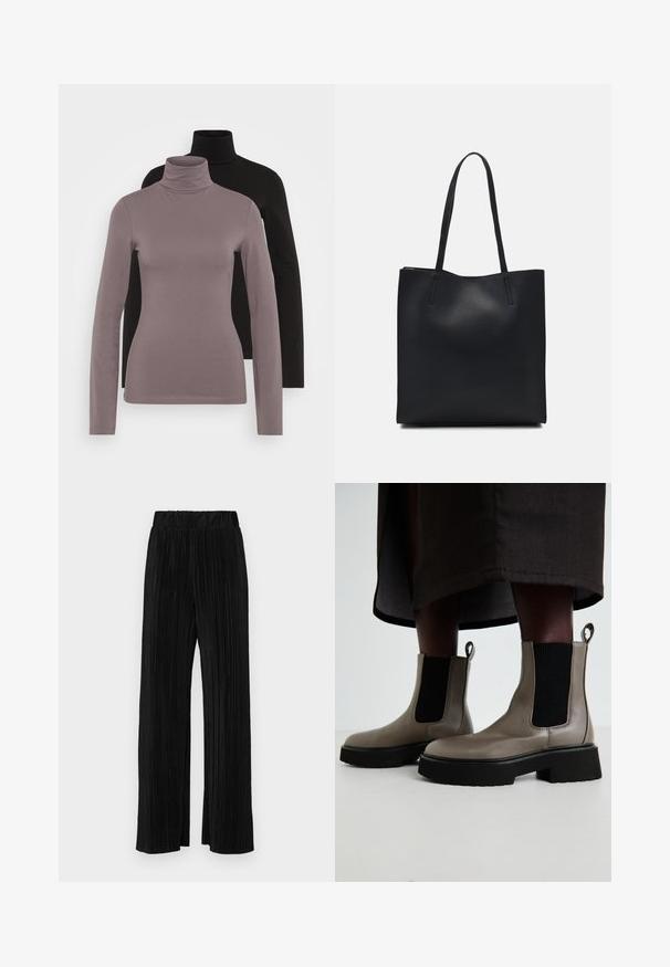 Δύο μακρυμάνικες ζακέτες τύπου τυρκουάζ, η μία σε ανοιχτό γκρι και η άλλη σε μαύρο, κατασκευασμένες από μαλακό, λεία υλικό με εφαρμοστή γραμμή.; Μαύροι πλισέ παντελόνια με ελαστική μέση. Διαθέτουν φαρδιά πόδια και μαλακό, υφασμάτινο υλικό με κατακόρυφες ρίγες.; Γκρίζα μποτάκια μέχρι τον αστράγαλο φτιαγμένα από υφή δερμάτινη με ελαστικές πλαϊνές ταινίες και χοντρή μαύρη σόλα. Έχουν θήκες για εύκολη τοποθέτηση.; Μαύρη δερμάτινη τσάντα tote με λείο υφή, ορθογώνιο σχήμα και δύο μακριές λαβές. Χωρίς ορατό υλικό ή διακοσμητικά στοιχεία.