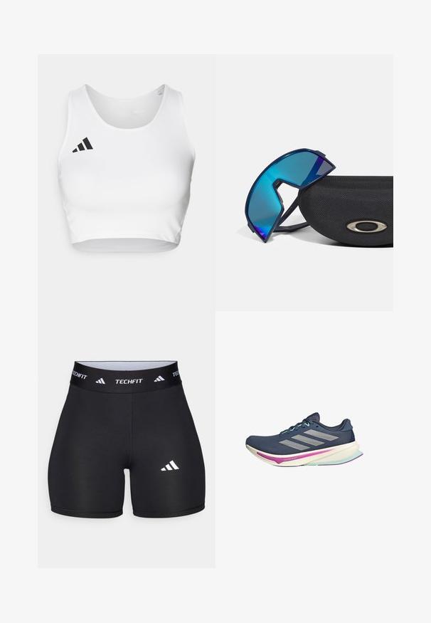 Balta sporta cropped krekla augšdaļa, izgatavota no gludas auduma, ar apaļu kakla izgriezumu un melnu logo akcentu kreisajā pusē.; Melnas šortus, izgatavotus no elastīga auduma, ar pieguļošu dizainu. Iezīmēts ar plašu melnu jostasvietu, uz kuras ir uzraksts "TECHFIT", un ar baltu logotipu uz kājas.; Jūras flotes skriešanas apavi ar sietveida augšdaļu, sudraba svītrām, miintu akcentiem un mīkstu zoli ar rozā un tirkīza detaļām komfortam.; Zilā tonī iekrāsotas apļveida saulesbrilles ar sportisku dizainu, novietotas uz teksturētas melnas somiņas ar metalizētu logotipa akcentu.
