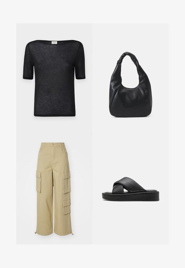 T-shirt noir à manches courtes avec un col large et décontracté. Fabriqué en tissu léger et transparent au toucher doux et au design simple.; Pantalons cargo beiges avec jambes larges, deux grandes poches latérales, poches avant et un détail à cordon au bas. Tissu en mélange de coton.; Sandales en cuir noir avec un design à brides croisées, semelle plate et texture lisse. Esthétique minimaliste et monochrome.; Sac hobo noir en matériau semblable à du cuir, avec une anse torsadée, arborant une forme douce et arrondie, et une fermeture zippée sur le dessus.; Boucles d'oreilles en or avec une finition lisse et brillante. Design circulaire présentant un petit clou et une attache transparente pour un port sécurisé.