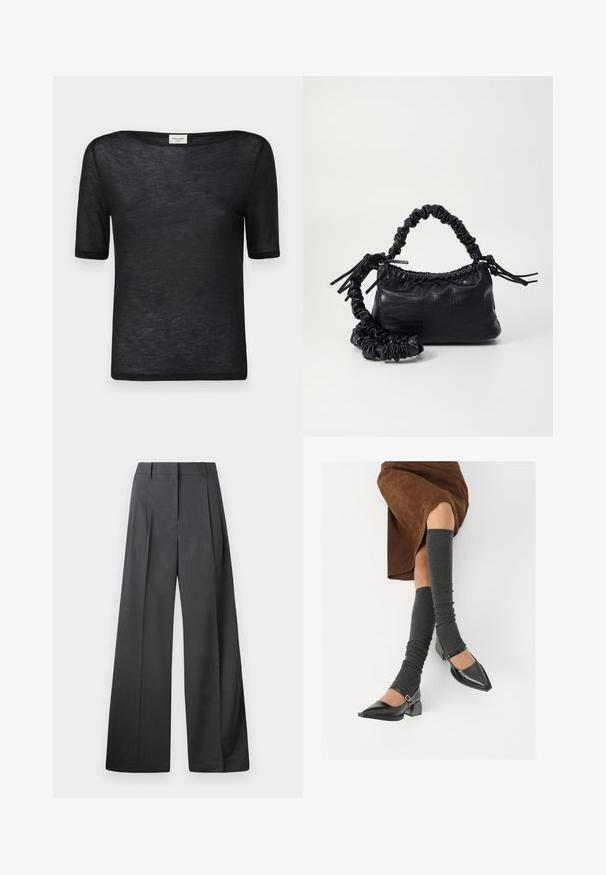 Camiseta negra de manga corta con un escote ancho y suelto. Fabricada en un tejido ligero y semitransparente con una textura suave y un diseño simple.; Pantalones de pierna ancha en tejido gris oscuro, con una cintura alta, pliegues simples y una textura suave con un acabado limpio en los dobladillos.; Zapatos de charol negros con punta afilada, tacón bloque y tira de tobillo, combinados con calentadores de piernas de canalé grises y una falda de ante marrón.; Bolso de mano de imitación cuero negro con textura de cocodrilo, parte superior fruncida y correa arrugada. Presenta un diseño suave y compacto.