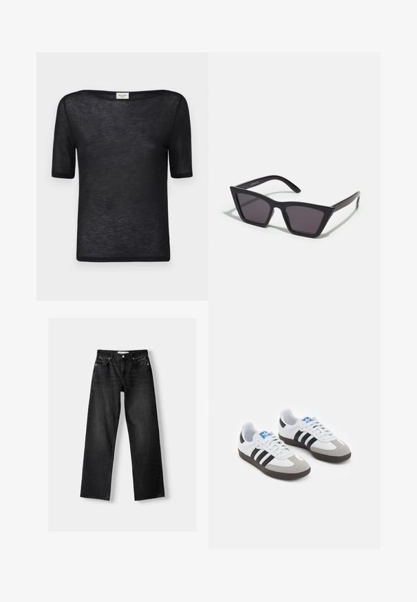 T-shirt noir à manches courtes avec un col large et décontracté. Fabriqué en tissu léger et transparent au toucher doux et au design simple.; Bershka Jean droit - mottled dark grey; Baskets avec une tige en cuir blanc, un bout en daim gris et trois bandes noires. Présente un logo bleu sur la languette et une semelle en caoutchouc texturée.; Lunettes noires angulaires avec des verres gris ; fabriquées en plastique, avec des branches épaisses à la surface lisse et sans matériel visible.; Pochette en métal doré avec une texture lisse, dotée d'un rabat en forme de triangle. La main qui la tient a des ongles soigneusement manucurés.