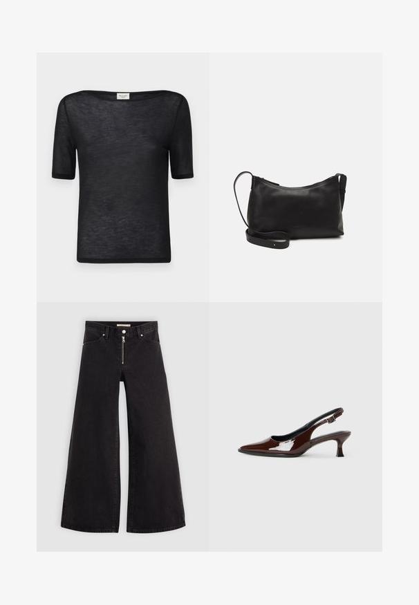 Black short-sleeve t-shirt with a loose, wide neckline. Made from a lightweight, sheer fabric with a smooth texture and simple design.; Wide-leg jeans in black denim with a zippered front, five-pocket design, and subtle stitching details. Smooth texture and casual style.; Brown patent leather slingback shoe with a pointed toe and a moderate heel. Features a buckle strap for secure fit. Smooth texture.; Black leather shoulder bag with a smooth texture, curved shape, adjustable strap, and a zip closure. Minimalist design without embellishments.