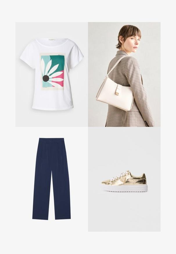 Baltās īsās piedurknes T-krekls ar grafikas zīmējumu lapām un melnu apli uz tirkīza, rozā un krēmkrāsas fona. Mīksts kokvilnas materiāls.; Tumši zili platleņķa bikses, kas izgatavotas no mīksta auduma, ar priekšējo krokām, gludu tekstūru un taisnu piegriezumu bez redzamām kabatām.; Zelta metāliska zema topa kedas ar baltām šņorēm un biezu baltu teksturētu zoli, ar trīsstūra Guess logo sānos.; Balta ādas rokassoma ar strukturētu dizainu, kurai ir magnētiska aizdare un plecu josta, parādīta uz neitrāla fona.