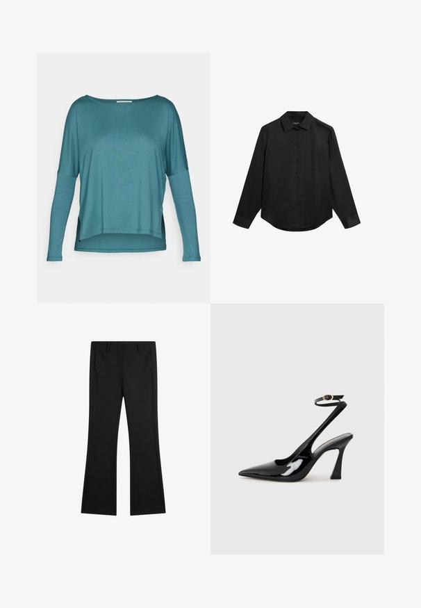 Yogasearcher DAKSHA - Langarmshirt - paon; Schwarzes Langarmhemd mit Knöpfen, klassischem Kragen, glatter Textur und abgerundetem Saum. Verfügt über eine Knopfleiste und gewendete Ärmel.; Schwarze, ausgestellte Hosen aus glattem Stoff, mit Vordertaschen und einem maßgeschneiderten Schnitt, der gepresste Falten für einen eleganten Look aufweist.; Schwarze Lackleder-Slingbacks mit spitz zulaufender Zehenpartie, verstellbarem Knöchelriemen und moderatem Blockabsatz. Glatte Textur mit glänzender Oberfläche.