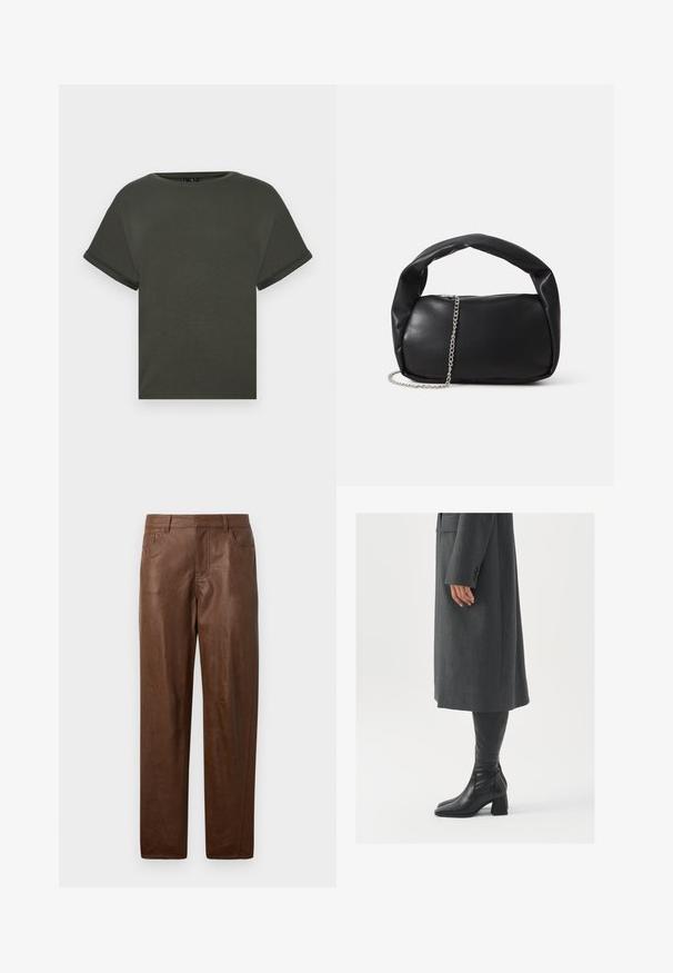 Olive zaļš īsām piedurknēm t-krekls, izgatavots no mīkstas auduma, ar apaļu kakla izgriezumu un salocītām piedurknēm. Taisna piegriezuma ar vienkāršu dizainu.; Brūni ādas bikses ar gludu tekstūru, taisnas kāju dizains un divas sānu kabatas. Iezīmes redzamas šuvju detaļas.; Pelēks, pielāgots mētelis ar taisnu griezumu; kombinēts ar melniem ādas zābakiem līdz ceļiem, kuriem ir kvadrāta formas purngals un masīla dūre.; Melnas ādas rokas soma ar noapaļotu formu, bieza rokturis un sudraba ķēdes siksna. Gluda tekstūra ar nelielu spīdumu.