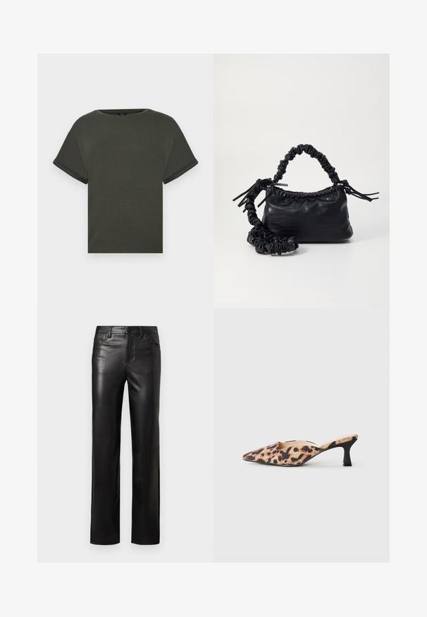 Alyvos žalios spalvos trumpomis rankovėmis marškiniai, pagaminti iš minkštos medžiagos, su apvaliu iškirpimu ir sukrautomis rankovėmis. Tiesiai nupjautas, su paprastu dizainu.; Juodos odinės kelnės tiesiu kirpimu, su mygtukų uždarymu ir priekinėmis kišenėmis. Lygus paviršius su subtiliomis siuvimo detalėmis.; Kuočio formos mūlinė avalynė su leopardų raštu ant paviršiaus ir žemais juodais kitten kulnais šviesiame fone.; Juodas dirbtinės odos rankinė su krokodilo tekstūra, sušnibždinta viršuje ir susikraipytu dirželiu. Atrodo minkšta ir kompaktiška.