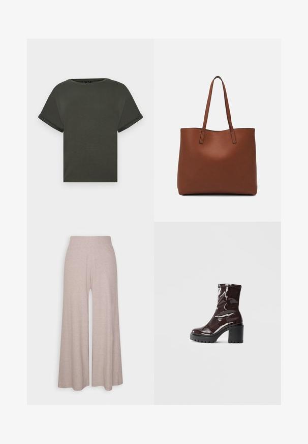 Oliven grøn T-shirt med korte ærmer lavet af blødt stof, med rund halsudskæring og opkørte manchetter. Lige skåret med et enkelt design.; Lys grå bredbenede bukser lavet af blødt ribbet stof, med høj talje og fuldlængde ben med subtil tekstur.; Glatte burgunder ankelstøvler med en chunky sort hæl, der har en glat tekstur og et simpelt design. Ingen synlige lukninger eller mønstre.; Brun læder tote taske med en glat overflade, åben topdesign og to skulderremme. Har minimal syning og ingen synlig hardware.