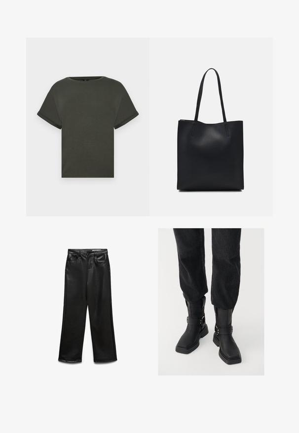 Olive green short-sleeve t-shirt made of soft fabric, featuring a round neckline and rolled cuffs. Straight cut with a simple design.; Black faux leather wide-leg pants with front pockets, belt loops, and subtle sheen. Smooth texture and tailored fit.; Black leather ankle boots with a square toe, featuring a wide strap and metal buckle detail. The boots have a chunky sole and smooth texture.; Black leather tote bag with smooth texture, rectangular shape, and two long handles. No visible hardware or embellishments.