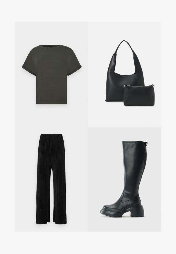 Olijfgroene T-shirt met korte mouwen van zachte stof, met een ronde halslijn en opgerolde manchetten. Rechte snit met een eenvoudig ontwerp.; Zwarte geplooide broek met een elastische tailleband. Beschikt over wijde pijpen en een glad, gestructureerd stof met verticale strepen.; Hoge zwarte leren laars met een chunky plateauzool en blokhak, voorzien van een trekband en een gestructureerd profiel op de buitenzool.; Even&Odd Handtas - black
