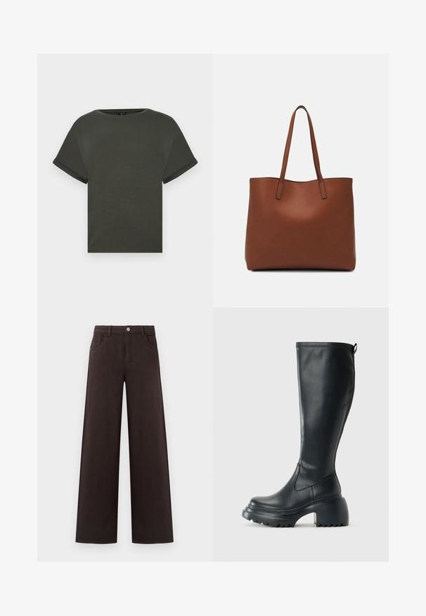 T-shirt verde oliva a maniche corte realizzato in tessuto morbido, con scollatura rotonda e maniche arrotolate. Taglio dritto con un design semplice.; Pantaloni a gamba larga in cotone di colore marrone scuro. Presentano una chiusura con bottone e tasche frontali, con una superficie liscia e linee pulite.; Stivale lungo in pelle nera con suola piatta robusta e tacco a blocco, dotato di linguetta e battistrada testurizzato sulla suola.; Borsa tote in pelle marrone con texture liscia, design con apertura superiore e due spallacci. Presenta cuciture minime e nessun hardware visibile.