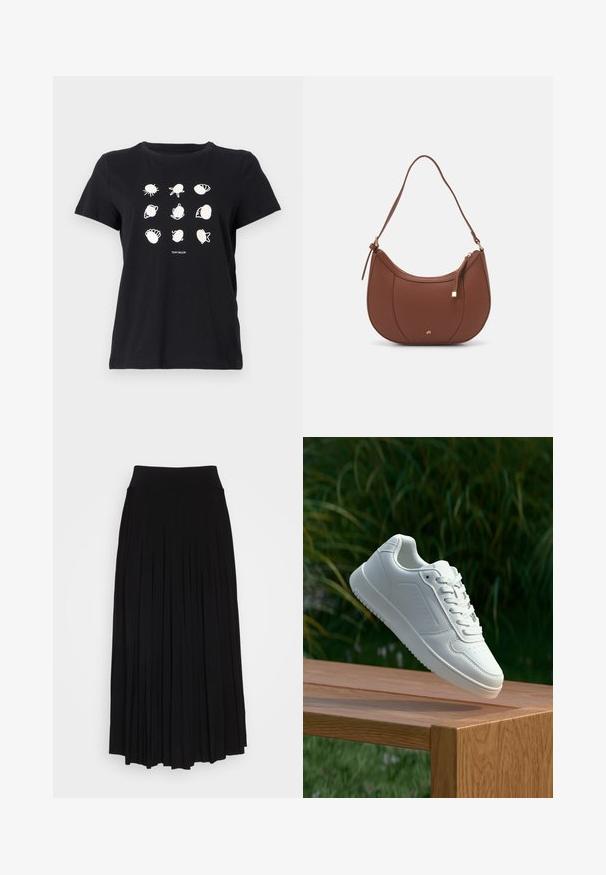 Schwarzes Baumwoll-T-Shirt mit weißen Druckillustrationen von Muscheln und Meereslebewesen, die in einem Raster angeordnet sind, mit rundem Halsausschnitt und kurzen Ärmeln.; Schwarzer plissierter Rock mit breitem, dehnbarem Bund. Gefertigt aus weichem Stoff, mit vertikalen Falten für eine fließende Silhouette.; Weiße Sneaker mit einem glatten, synthetischen Obermaterial, perforierter Zehenbox, flachen Schnürsenkeln und einer strukturierten Sohle, präsentiert auf einer Holzoberfläche.; Braune Kunstleder-Schultertasche mit geschwungener Form, minimaler Naht und goldfarbener Hardware-Akzent. Verfügt über einen oberen Reißverschluss und einen verstellbaren Trageriemen.
