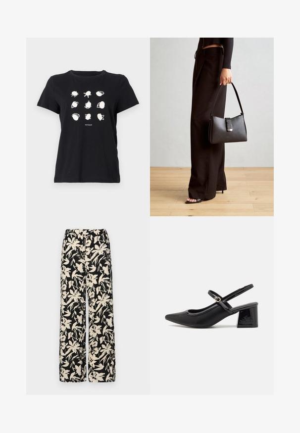 Zwart katoenen T-shirt met witte bedrukte illustraties van schelpen en zeewezens in een rasterindeling, met een ronde halslijn en korte mouwen.; Zwarte wijde broek met een crèmekleurig bloemenpatroon. Gemaakt van lichtgewicht stof, met een zachte textuur en een hoge tailleband.; Zwarte gepolijste leren slingback hakken met een spitse neus, een ronde uitsnede en een blokhak. Voorzien van een gouden gespaccent.; Zwarte handtas met gestructureerde vorm, gladde textuur en een metalen sluiting. Gecombineerd met brede zwarte broeken en sandalen met open teen op een houten vloer.