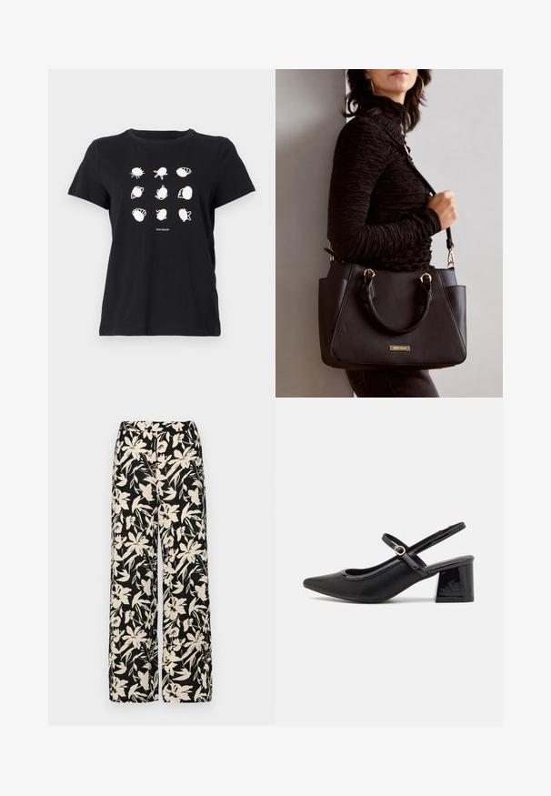 Black cotton t-shirt featuring white printed shell and sea creature illustrations arranged in a grid, with a round neckline and short sleeves.; Black wide-leg pants with a cream floral pattern. Made of lightweight fabric, featuring a smooth texture and a high waistband.; Black patent leather slingback heels with a pointed toe, a rounded cutout design, and a block heel. Features a gold-tone buckle accent.; Black handbag with textured surface, dual top handles, and adjustable shoulder strap. Features gold-tone hardware and side pockets.