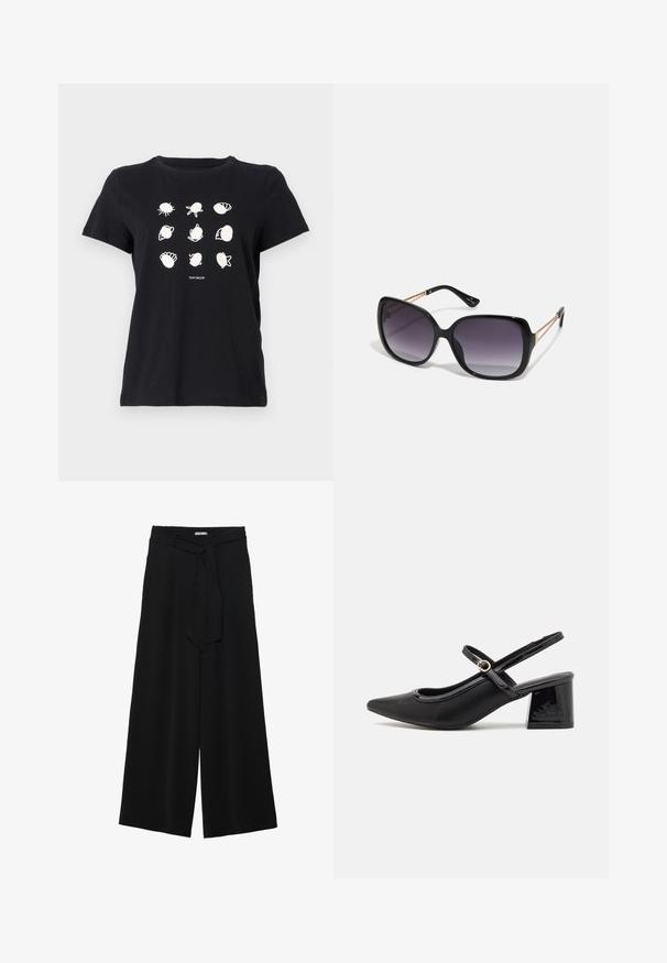 Schwarzes Baumwoll-T-Shirt mit weißen Druckillustrationen von Muscheln und Meereslebewesen, die in einem Raster angeordnet sind, mit rundem Halsausschnitt und kurzen Ärmeln.; Schwarze weite Hosen aus strukturiertem Stoff, mit elastischem Bund und einem abnehmbaren Bindegürtel in der Taille für eine verstellbare Passform.; Schwarze Lackleder-Slingback-Absätze mit spitzer Zehenform, einem runden Ausschnitt-Design und einem Blockabsatz. Mit einem goldfarbenen Schnallenakzent.; Schwarze übergroße Sonnenbrille mit getönten Gläsern, dicken Rahmen und goldfarbener Kettendetaillierung an den Bügeln.; Schwarze Handtasche mit strukturierter Form, glatter Textur und einem metallischen Verschluss. Kombiniert mit weiten schwarzen Hosen und offenen Sandalen auf einem Holzboden.