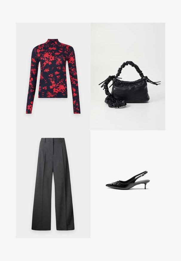 Marineblauwe turtleneck met lange mouwen, versierd met een rood bloemenpatroon. Het heeft een aansluitende pasvorm en een zachte textuur, met een hoge kraag en een slanke snit.; Wijde broek in donkergrijze stof, met een hoge taille, enkele plooien en een gladde textuur met een nette afwerking aan de zoom.; Zwarte leren slingback hakken met een spitse neus, kleine kittenhak en een decoratieve knoopdetail aan de voorkant. Smooth textuur overal.; Zwarte nepleer handtas met een krokodillenstructuur, opgedroogde bovenkant en een gekreukte hengsel. Het lijkt zacht en compact van ontwerp.