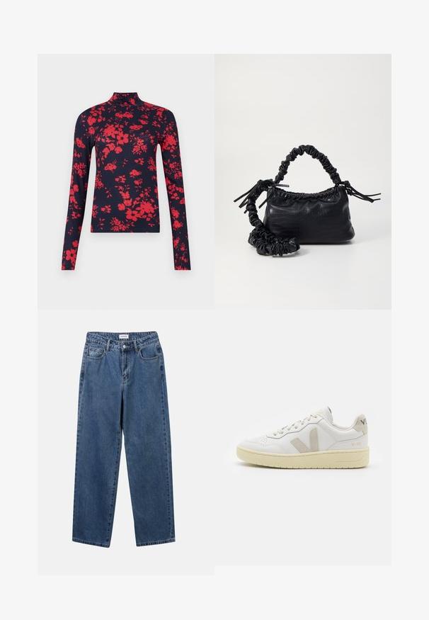 Marineblaues langärmeliges Rollkragenoberteil mit rotem Blumenmuster, figurbetontem Design und weicher Textur, mit hohem Kragen und schmalem Schnitt.; Klassische blaue Denim-Jeans mit geradem Bein, fünf Taschen und Knopfverschluss. Sie verfügen über eine mittelblau gewaschene Optik und sind aus robuster Textur.; Weiße Ledersneaker mit beigen Wildlederakzenten, perforierte Zehenbox, flache Schnürsenkel und eine strukturierte cremefarbene Sohle. Mit dezentem Branding an der Ferse.; Schwarze Handtasche aus Kunstleder mit Krokodilstruktur, gerafftem oberen Teil und einem geschoppten Tragegurt. Sie wirkt weich und kompakt im Design.