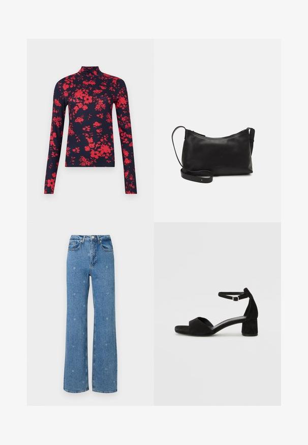 Navy long-sleeve turtleneck top with red floral pattern, fitted design, and soft texture, featuring high neck and slim cut.; Blue high-waist straight-leg jeans with small white floral embroidery scattered across the fabric.; Black suede heeled sandals with a thin ankle strap, open toe design, and a modest block heel. Smooth texture and minimal accents.; Black leather shoulder bag with a smooth texture, curved shape, adjustable strap, and a zip closure. Minimalist design without embellishments.