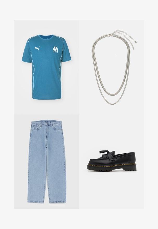 Blue short-sleeved t-shirt made of a soft fabric. Features white accents and the Marseille logo on the chest. Round neckline.; Light blue denim jeans with straight leg design, featuring a mid-rise waist, five pockets, and a button and zipper closure.; Black leather loafer with a tasseled accent, featuring a chunky black sole and yellow stitching along the edge. Textured finish.; Three-layered silver metal necklace featuring sleek, flexible chains with a slight sheen, secured with a lobster clasp and adjustable chain.