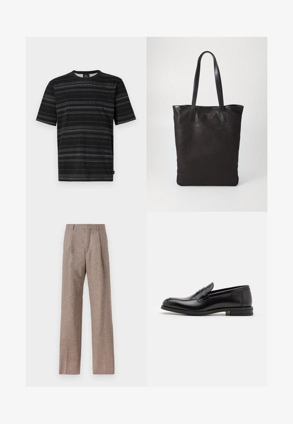 Black short-sleeve t-shirt with a round neck, featuring horizontal stripes in white, blue, and orange. Made of soft fabric.; Brown, high-waisted trousers made of textured fabric. Features wide legs and two front pleats for structure. Neat finish with no visible hardware.; Black leather loafers with a smooth texture, rounded toe, and a decorative strap across the vamp. Low stacked heel, minimalist design.; Black canvas tote bag with black leather handles. Simple design, spacious body, and a smooth texture. No visible logos or patterns.